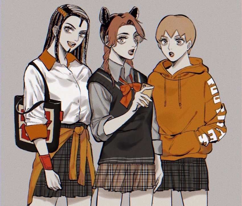 3girls bag commentary double_bun dreadlocks ermes_costello foo_fighters_(jojo) hair_bun hands_in_pockets holding holding_phone hood hoodie jojo_no_kimyou_na_bouken long_hair masakenme multiple_girls open_mouth phone plaid_clothes plaid_skirt short_hair shoulder_bag skirt stone_ocean