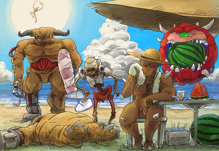 6+boys 88alice arch-vile barefoot beach beach_umbrella blue_sky cacodemon chair cloud cup cyberdemon cyborg day demon doom_(series) doom_ii drinking_glass eating facing_viewer fangs floating food fruit glass green_eyes hand_fan hat headband horizon horns hot imp_(doom) innertube jumping kurashiki_nanka looking_at_viewer lying mancubus monster mouth_hold multiple_boys no_humans ocean on_back outdoors paper_fan red_eyes revenant_(doom) sand sharp_teeth silhouette sitting skeleton sky spikes standing sun sun_hat sunlight swim_ring table tahwnacl teeth tusks u00a1 uchiwa umbrella water watermelon