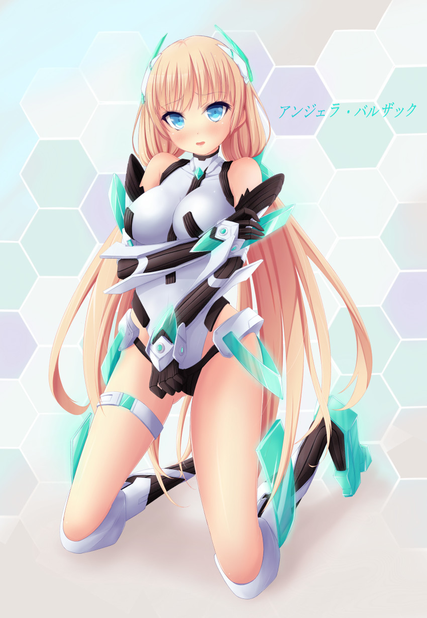 1girl :o absurdres angela_balzac armor bare_shoulders black_panties blonde_hair blue_eyes blush boots breasts character_name covered_collarbone elbow_gloves embarrassed faulds female_focus full_body gloves greaves groin hair_ornament halterneck headgear hexagon highleg highleg_leotard highres hip_vent holding_own_arm honeycomb_(pattern) honeycomb_background honeycomb_pattern impossible_clothes impossible_leotard knee_boots kneeling kuro_neko_(yxmikan) legs_apart leotard long_hair looking_at_viewer low_twintails mecha_musume medium_breasts neon_trim open_mouth panties parted_bangs pilot_suit raised_eyebrows rakuen_tsuihou shadow solo thigh_strap turtleneck twintails underwear vambraces very_long_hair