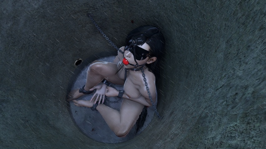 1girl 3d absurdres ankle_cuffs ball_gag barefoot bdsm black_hair blindfold bondage bound breasts chain chained chained_ankles chained_wrists clenched_hand collar cuffs execution feet ff7sfm final_fantasy final_fantasy_vii final_fantasy_vii_remake gag gagged harness highres hole large_breasts leash legs long_hair nipple_piercing nipple_rings nipples nude open_mouth partially_submerged piercing prisoner rain reflection restrained shiny_skin sitting solo square_enix thighs tifa_lockhart toes torture trapped water wrist_cuffs