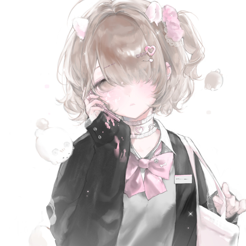 1girl bad_source blush bow bowtie brown_hair collared_shirt hair_ornament hairclip highres jacket long_sleeves non-web_source pink_bow school_uniform shirt solo upper_body white_background white_shirt