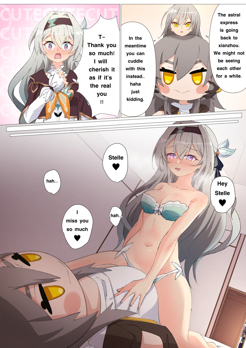 3girls absurdres blush bra doll english_text firefly_(honkai:_star_rail) grey_hair hairband highres honkai:_star_rail honkai_(series) humping long_hair multiple_girls orange_eyes panties shirozaya silver_wolf_(honkai:_star_rail) stelle_(honkai:_star_rail) strapless strapless_bra stuffed_toy trailblazer_(honkai:_star_rail) underwear white_hair yuri