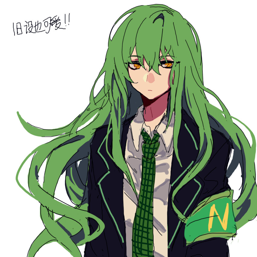 1boy armband black_jacket closed_mouth collared_shirt commentary_request er_hea expressionless green_armband green_hair green_necktie hair_between_eyes highres jacket lobotomy_corporation long_hair long_sleeves looking_at_viewer male_focus necktie netzach_(project_moon) open_clothes open_jacket plaid_clothes plaid_necktie project_moon shirt sketch solo translation_request upper_body white_shirt yellow_eyes