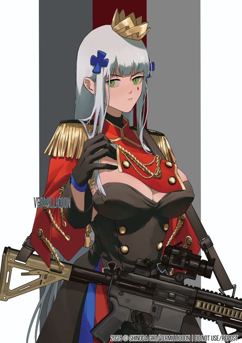 1girl 416_day artist_name assault_rifle black_gloves breasts closed_mouth commentary cross_hair_ornament crown english_commentary girls&#039;_frontline gloves green_eyes gun gun_sling h&amp;k_hk416 hair_ornament highres hk416_(girls&#039;_frontline) hk416_(percussive_bolero)_(girls&#039;_frontline) large_breasts looking_at_viewer official_alternate_costume rifle scope shinoda_giri simple_background solo tattoo teardrop_facial_mark teardrop_tattoo upper_body weapon white_hair