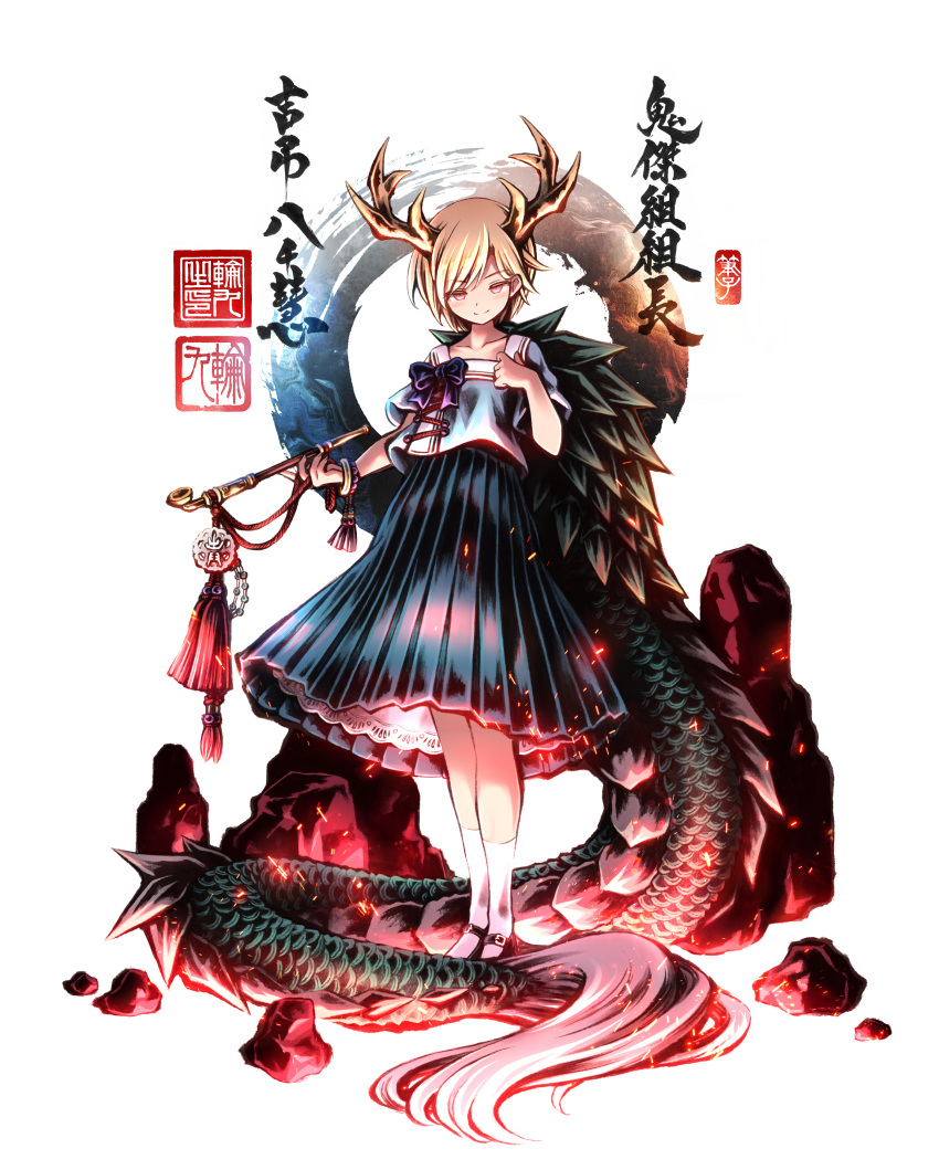 1girl absurdres antlers blonde_hair blue_bow blue_shirt blue_skirt blush bow character_name closed_mouth dragon_girl dragon_horns dragon_tail fur-tipped_tail green_scales highres holding holding_smoking_pipe horns kicchou_yachie link163353 looking_at_viewer monster_girl red_eyes scales shirt short_hair short_sleeves simple_background skirt smile smoking_pipe socks solo square_neckline tail touhou turtle_shell white_background white_socks yellow_horns