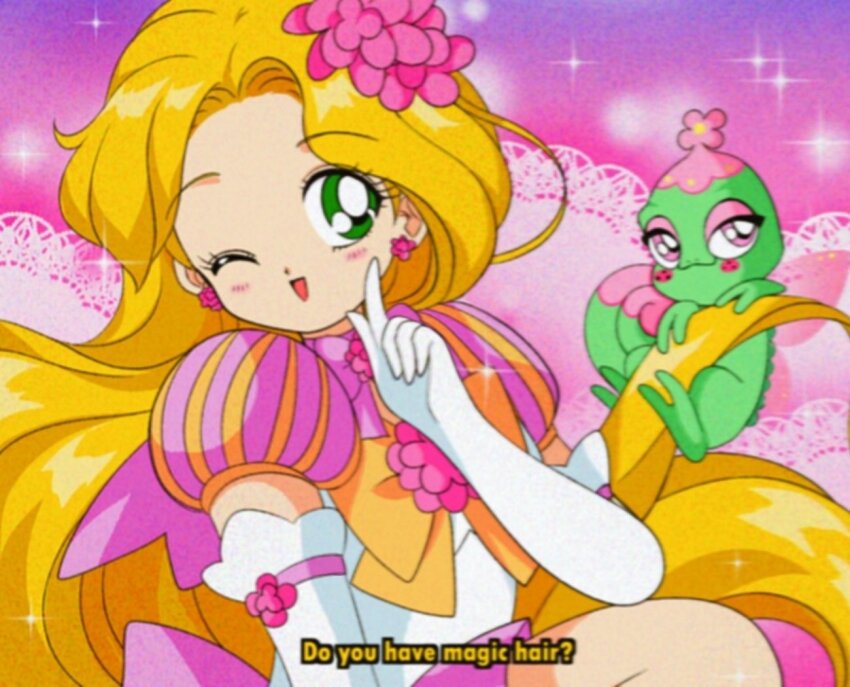 1990s_(style) 1girl absurdly_long_hair adapted_costume animification back_bow bad_id bad_twitter_id bare_legs blonde_hair bow bow_choker bowtie bra brooch choker commentary cowboy_shot dot_nose earrings elbow_gloves english_commentary english_text eyelashes faux_retro_artstyle film_grain finger_to_cheek flower flower_brooch flower_earrings gloves gradient_background green_eyes hair_flower hair_ornament happy honeymoonpetal jewelry knees lace lace_bra leotard light_blush lizard long_hair looking_at_viewer magical_girl miniskirt neck_flower one_eye_closed open_mouth orange_bow orange_bowtie parody pascal_(tangled) pink_background pink_flower pleated_skirt puffy_short_sleeves puffy_sleeves purple_background purple_bow purple_choker purple_skirt purple_sleeves rapunzel_(disney) retro_artstyle short_sleeves skirt sleeved_leotard smile sparkle style_parody tangled tareme underwear vertical-striped_sleeves very_long_hair white_gloves white_leotard