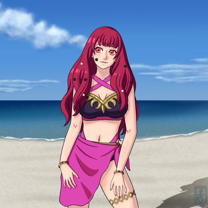 1girl absurdres bare_legs bikini breasts cleavage fire_emblem fire_emblem_engage highres nintendo pareo pin_up red_eyes red_hair sokloeum swimsuit yunaka_(fire_emblem)