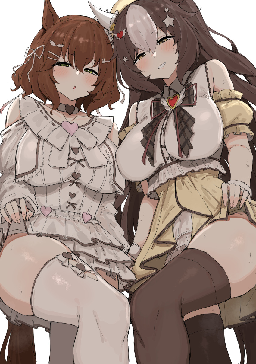 2girls absurdres animal_ears aston_machan_(everlasting_candy)_(umamusume) aston_machan_(umamusume) black_thighhighs breasts brown_hair commentary_request hair_ornament highres horse_ears horse_girl horse_tail kumiyabe large_breasts looking_at_viewer multiple_girls official_alternate_costume short_hair simple_background standing star_(symbol) star_hair_ornament tail thighhighs thighs umamusume white_background white_thighhighs yamanin_zephyr_(sugary_wind)_(umamusume) yamanin_zephyr_(umamusume) yellow_eyes