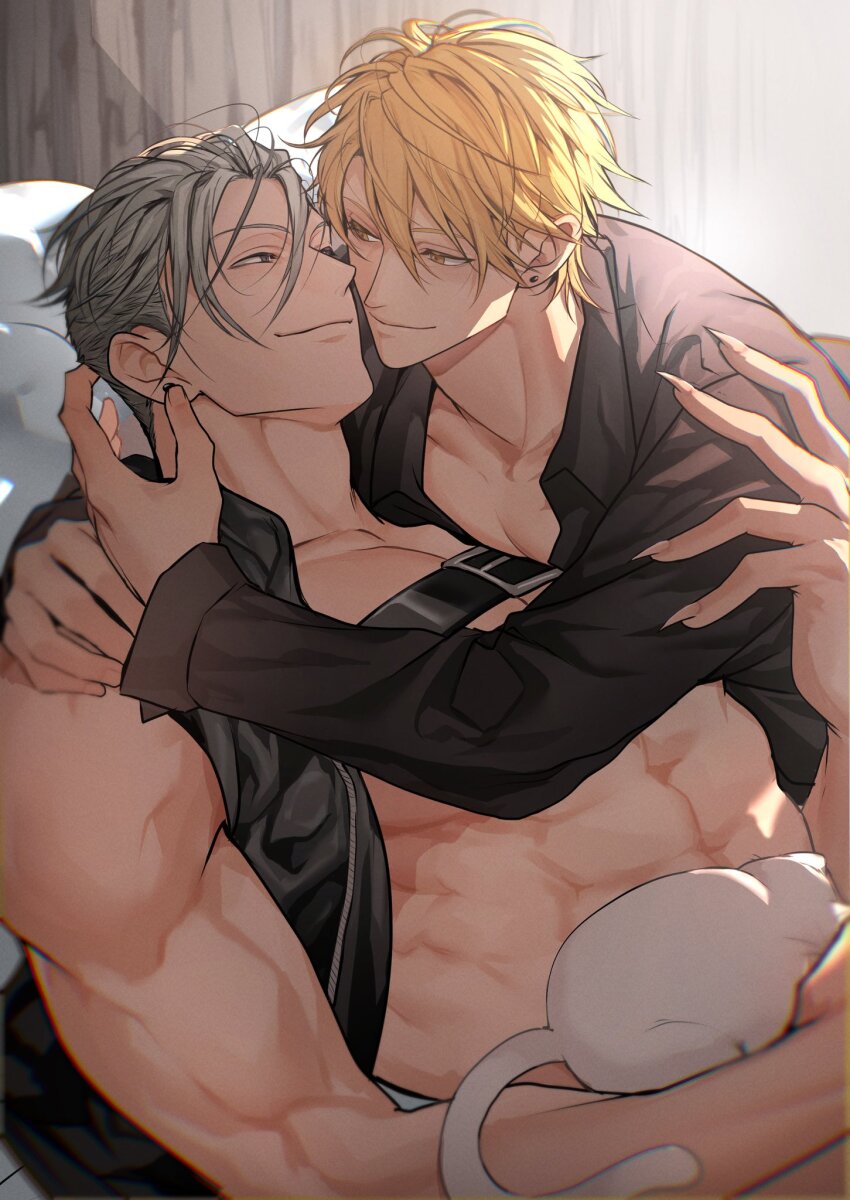 abs animal bakshi_christensen black_shirt blonde_hair cat chest_strap closed_mouth collarbone collared_shirt couple ear_piercing eye_contact giancarlo_bourbon_del_monte grey_hair hair_between_eyes highres hug indoors light_smile looking_at_another lucky_dog_1 lying male_focus miyamoyan muscular muscular_male on_back open_clothes open_shirt pectoral_cleavage pectorals piercing shirt short_hair sleeveless sleeveless_jacket under_covers white_cat yellow_eyes