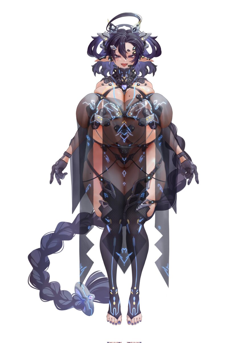 1girl black_hair braid braided_ponytail breasts earrings gigantic_breasts gloves haitai_umita highres huge_breasts jewelry long_hair looking_at_viewer original piercing pointy_ears pubic_tattoo purple_eyes purple_hair see-through_clothes simple_background solo tattoo thick_thighs thighhighs thighs underwear very_long_hair white_background
