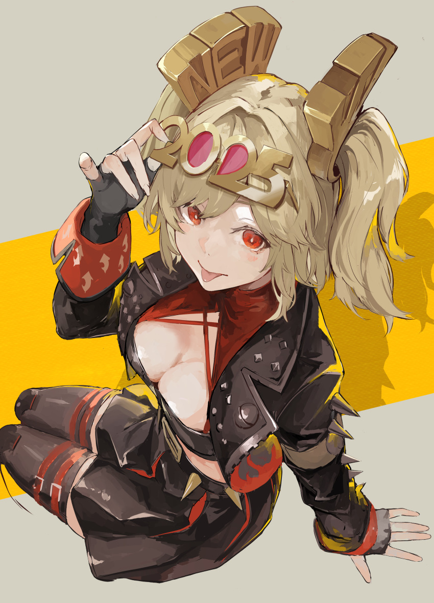 1girl 2025 absurdres black_gloves black_jacket black_skirt black_thighhighs black_tube_top blonde_hair breasts burnice_white cleavage commentary_request fingerless_gloves from_above gloves hair_ornament highres jacket large_breasts miniskirt nashimisaki_futakotamagawa red_eyes short_hair sitting skirt solo strapless thighhighs tongue tongue_out tube_top twintails zenless_zone_zero