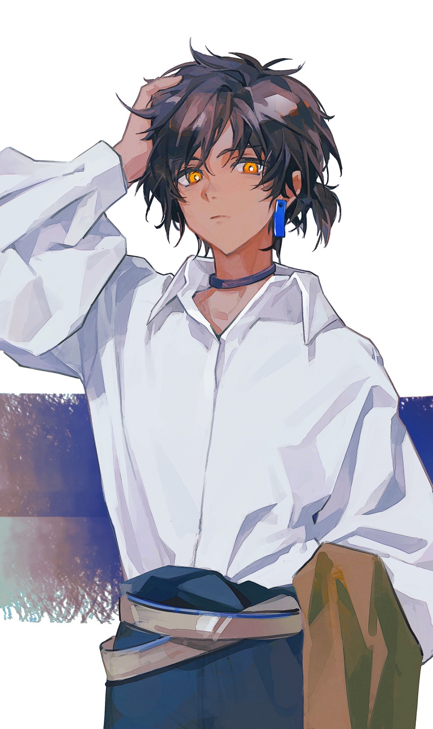 1boy absurdres arknights belt black_hair blue_pants bright_pupils brown_jacket closed_mouth dark_skin earrings grey_belt highres holding holding_jacket holding_unworn_clothes jacket jewelry male_focus orange_eyes pants ponytail scratching_head shaokao_lajitong shirt short_hair solo thorns_(arknights) unworn_jacket white_background white_pupils white_shirt wide_sleeves