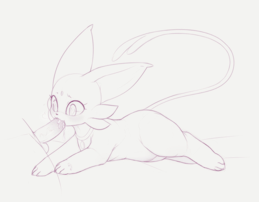 1boy :3 animal_collar animal_focus animal_sexualization bestiality collar cum cum_in_mouth erection espeon fellatio forehead_jewel forked_tail full_body gen_2_pokemon grey_background greyscale heart heart-shaped_pupils highres kekitopu lying monochrome nintendo on_stomach open_mouth oral penis pokemon pokemon_(creature) raised_eyebrows simple_background sketch solo_focus symbol-shaped_pupils tail testicles veins veiny_penis wide-eyed