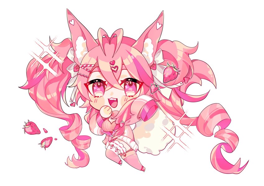 1girl absurdres ahoge animal_ear_fluff animal_ears breasts chibi fang food food-themed_hair_ornament fox_ears fox_girl fruit hair_ornament highres indie_virtual_youtuber kireina_(osiimi) linda_evans mole mole_on_breast open_mouth pink_eyes pink_hair solo strawberry strawberry_hair_ornament twintails virtual_youtuber