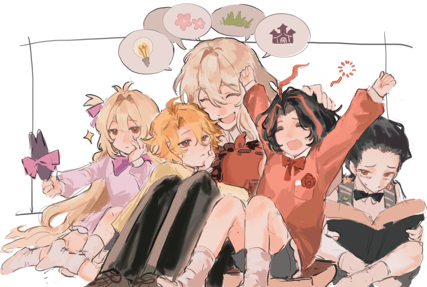 2boys 3girls aged_down arms_up nicolina_(project_moon) black_hair black_pants blonde_hair book closed_eyes don_quixote_(project_moon) dulcinea_(project_moon) hair_slicked_back highres holding holding_book kindergarten_uniform la_manchaland&#039;s_don_quixote_(project_moon) limbus_company ling_zhiyun long_hair multicolored_hair multiple_boys multiple_girls open_mouth pants curiambro_(project_moon) project_moon red_eyes sancho_(project_moon) short_hair simple_background smile socks speech_bubble streaked_hair stuffed_animal stuffed_horse stuffed_toy white_background white_hair white_socks