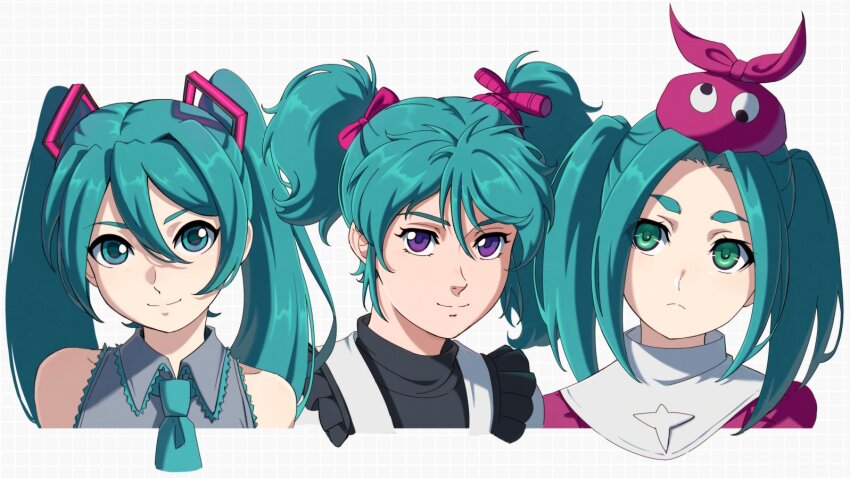 3girls aqua_eyes aqua_hair aqua_necktie bare_shoulders black_shirt bow char&#039;s_counterattack closed_mouth collared_shirt color_connection cropped_shoulders double-parted_bangs enelous female_focus googly_eyes green_eyes grey_shirt gundam hair_between_eyes hair_bow hair_color_connection hair_ornament hat hatsune_miku long_hair looking_at_viewer matching_hair/eyes monogatari_(series) multiple_girls necktie ononoki_yotsugi purple_eyes quess_paraya red_bow red_hat shirt short_eyebrows sleeveless sleeveless_shirt smile split_mouth thick_eyebrows twintails uneven_twintails vocaloid
