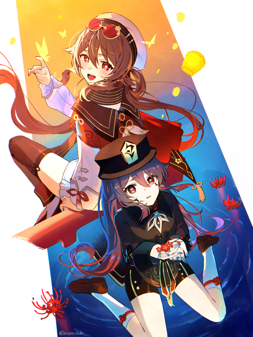 1girl absurdres azna brown_hair chinese_clothes eyewear_on_head flower flower-shaped_pupils frown genshin_impact hair_between_eyes hat hat_flower highres hu_tao_(cherries_snow-laden)_(genshin_impact) hu_tao_(genshin_impact) jewelry long_hair long_sleeves looking_at_viewer official_alternate_costume red-tinted_eyewear red_eyes ring shorts sitting skirt smile solo spider_lily sunglasses symbol-shaped_pupils thighhighs tinted_eyewear twintails very_long_hair wariza white_hat