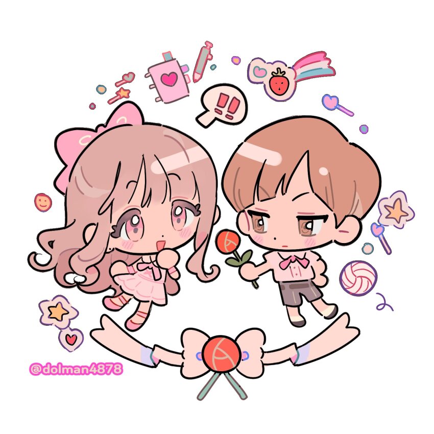 ! !! 1boy 1girl arm_at_side black_footwear blunt_bangs blush_stickers border borrowed_character bow bowtie bracelet brown_eyes brown_hair chibi chibi_only collared_dress collared_shirt commentary commission diagonal_bangs dolman_(dm) doodle_inset dot_nose dress flats flower frilled_dress frills giving grey_shorts hair_bow hand_on_own_hip hand_up hetero highres holding holding_flower jewelry jitome light_brown_hair light_frown long_hair looking_at_object open_mouth original parted_bangs pink_bow pink_dress pink_eyes pink_shoes raised_eyebrows ringed_eyes rose round_border shirt shoes short_hair short_sleeves shorts sleeveless sleeveless_dress sleeveless_shirt spoken_exclamation_mark sticker tareme triangle_mouth twitter_username v-shaped_eyebrows very_short_hair wavy_hair white_background white_shirt wing_collar