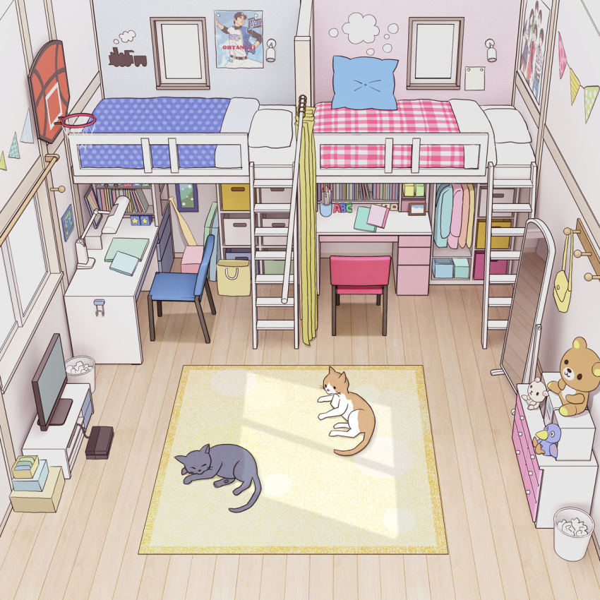 absurdly_detailed_composition bra cat curtains desk dressing fixed-point_camera full_body highres indoors kiyo_(kyokyo1220) loaded_interior loft_bed male_underwear no_humans ootani_shouhei original panties shirt standing television time_lapse underwear white_bra white_male_underwear white_panties white_shirt window