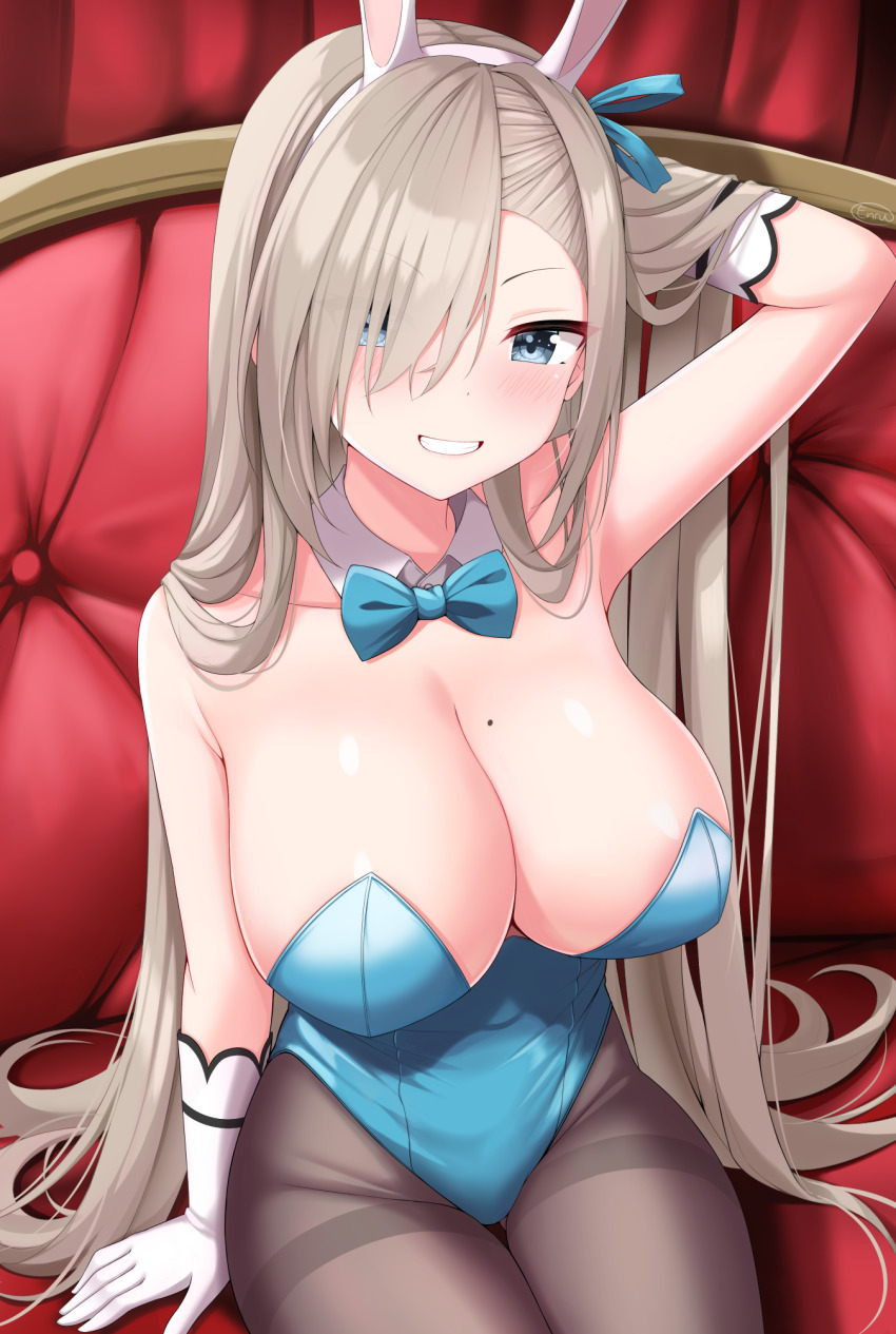 1girl :d animal_ears areola_slip arm_behind_head asuna_(blue_archive) asuna_(bunny)_(blue_archive) bare_shoulders black_pantyhose blonde_hair blue_archive blue_bow blue_bowtie blue_eyes blue_leotard bow bowtie breasts chair cleavage collarbone commentary cowboy_shot curtains english_commentary enru eyes_visible_through_hair fake_animal_ears forehead gloves gluteal_fold grin hair_over_shoulder highleg highleg_leotard highres huge_breasts leotard long_hair mole mole_on_breast no_bra open_mouth pantyhose parted_bangs playboy_bunny red_curtains seiza shadow sitting smile solo strapless strapless_leotard teeth thigh_gap v-shaped_eyebrows very_long_hair white_gloves