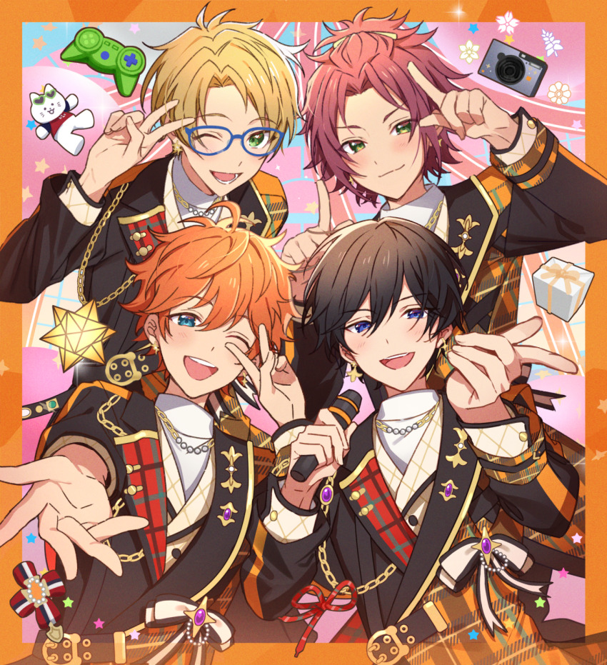 4boys akehoshi_subaru black_hair black_jacket blonde_hair blue-framed_eyewear blue_eyes border camera chain chain_necklace closed_mouth controller ensemble_stars! game_controller glasses green_eyes hair_between_eyes half_updo hidaka_hokuto highres holding holding_microphone index_finger_raised isara_mao jacket jewelry koori_(superumaice) long_sleeves looking_at_viewer microphone multiple_boys necklace official_alternate_costume open_mouth orange_border orange_hair outstretched_arm red_eyes short_hair smile trickstar_(ensemble_stars!) upper_body v yuuki_makoto_(ensemble_stars!)