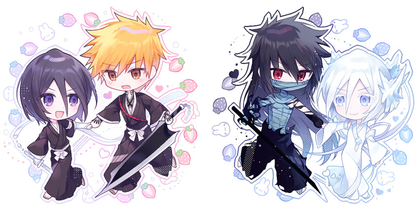 &gt;:) 1boy 1girl bandaged_chest bankai black_hair black_hakama bleach bleach:_sennen_kessen-hen brown_eyes chibi chibi_only closed_mouth collared_dress colored_eyelashes commentary couple detached_sleeves double-parted_bangs dress eyelashes eyes_visible_through_hair fang food fruit full_body g_ieep hair_between_eyes hair_ornament hakama hakka_no_togame_(bankai) happy heart hetero holding holding_hands holding_sword holding_weapon ice japanese_clothes kanzashi katana kuchiki_rukia kurosaki_ichigo long_dress long_hair long_ribbon long_sleeves mugetsu_form_(bleach) multiple_views official_alternate_costume official_alternate_hairstyle orange_hair purple_eyes red_eyes ribbon short_hair side-by-side simple_background sleeveless sleeveless_dress smile sode_no_shirayuki_(shikai) spiked_hair standing strawberry sword tensa_zangetsu_(bankai) v-shaped_eyebrows very_long_hair weapon white_background white_dress white_hair white_ribbon wide_sleeves zangetsu_(shikai)