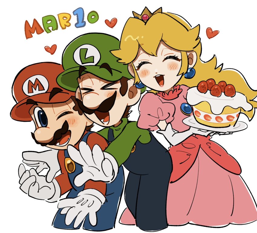 1girl 2boys blonde_hair blue_eyes blue_overalls blush brown_hair cake closed_eyes crown dress ear_piercing facial_hair food gloves green_hat green_shirt happy hat heart highres holding holding_plate long_hair long_sleeves luigi mario mario_(series) mimimi_(mimimim9999) multiple_boys mustache nintendo one_eye_closed open_mouth overalls piercing pink_dress plate princess princess_peach puffy_short_sleeves puffy_sleeves red_hat red_shirt shirt short_hair short_sleeves simple_background white_background white_gloves