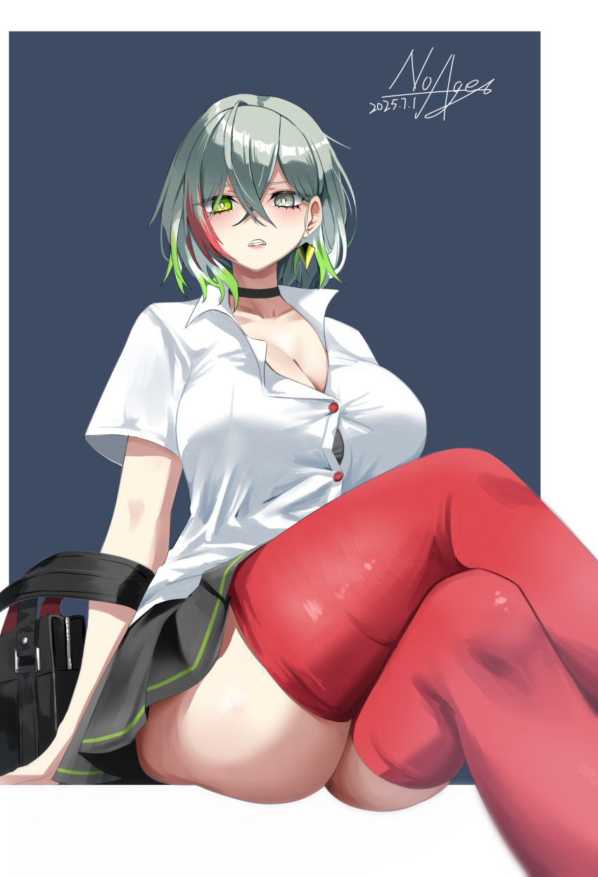 1girl absurdres breasts cleavage colored_tips diabellstar_the_black_witch duel_monster green_eyes green_hair grey_eyes grey_hair highres large_breasts looking_at_viewer medium_hair multicolored_hair noagen open_mouth pale_skin pleated_skirt school_uniform shirt simple_background skirt solo white_shirt yu-gi-oh!