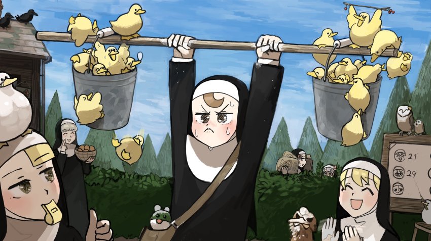 &gt;_&lt; 6+girls :&lt; :d ^_^ animal animal_on_head arms_up baby_animal bag barn_owl basket bird blonde_hair brown_eyes brown_hair bucket bunny_nun_(diva) bush carrying_over_shoulder chicken clapping closed_eyes clumsy_nun_(diva) commentary crow day diva_(hyxpk) drawing_(object) duck duckling egg english_commentary exercising falling freckles froggy_nun_(diva) grey_hair habit hedge highres hungry_nun_(diva) little_nuns_(diva) long_sleeves marker motion_blur mouth_hold multiple_girls nervous_sweating nose_bubble nun on_head on_roof open_mouth ostrich outdoors owl picture_frame pole powder sack satchel scoreboard sheep_nun_(diva) shoulder_bag sky slice_of_life smile spicy_nun_(diva) spread_wings star_(symbol) stuffed_animal stuffed_frog stuffed_toy sweat tears thumbs_up toned traditional_nun tree twig v-shaped_eyebrows weightlifting whistle yellow_eyes