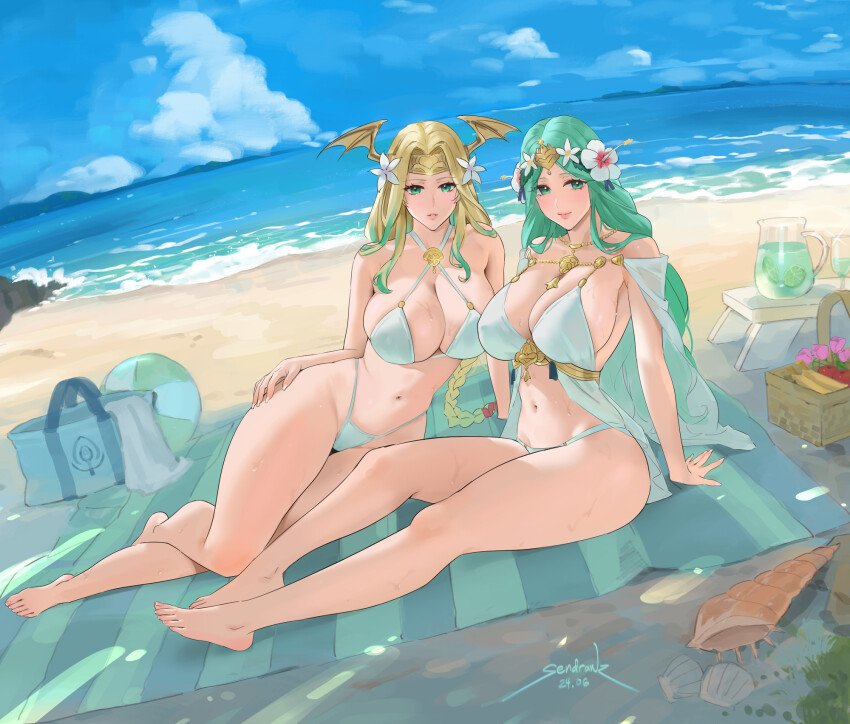 2girls alternate_costume barefoot beach bikini breasts cleavage commentary dual_persona english_commentary feet female_focus fire_emblem fire_emblem:_three_houses fire_emblem_heroes flower green_eyes green_hair hair_flower hair_ornament highres large_breasts long_hair matching_hair/eyes multiple_girls nintendo ocean official_alternate_costume rhea_(fire_emblem) rhea_(summer)_(fire_emblem) seiros_(fire_emblem) sendo_(sendrawz) swimsuit time_paradox toes white_bikini