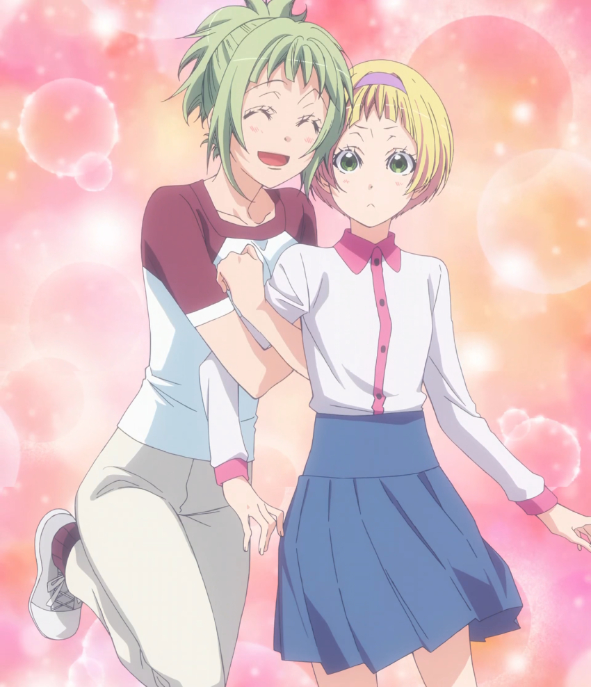 2girls amanchu! blonde_hair blush closed_eyes closed_mouth collarbone dot_nose green_eyes green_hair headband highres holding_another&#039;s_arm kohinata_hikari kohinata_kodama long_sleeve_shirt long_sleeves medium_hair multiple_girls open_mouth pants shoes short-sleeved_shirt short_sleeves siblings sisters skirt standing standing_on_one_leg stitched third-party_edit