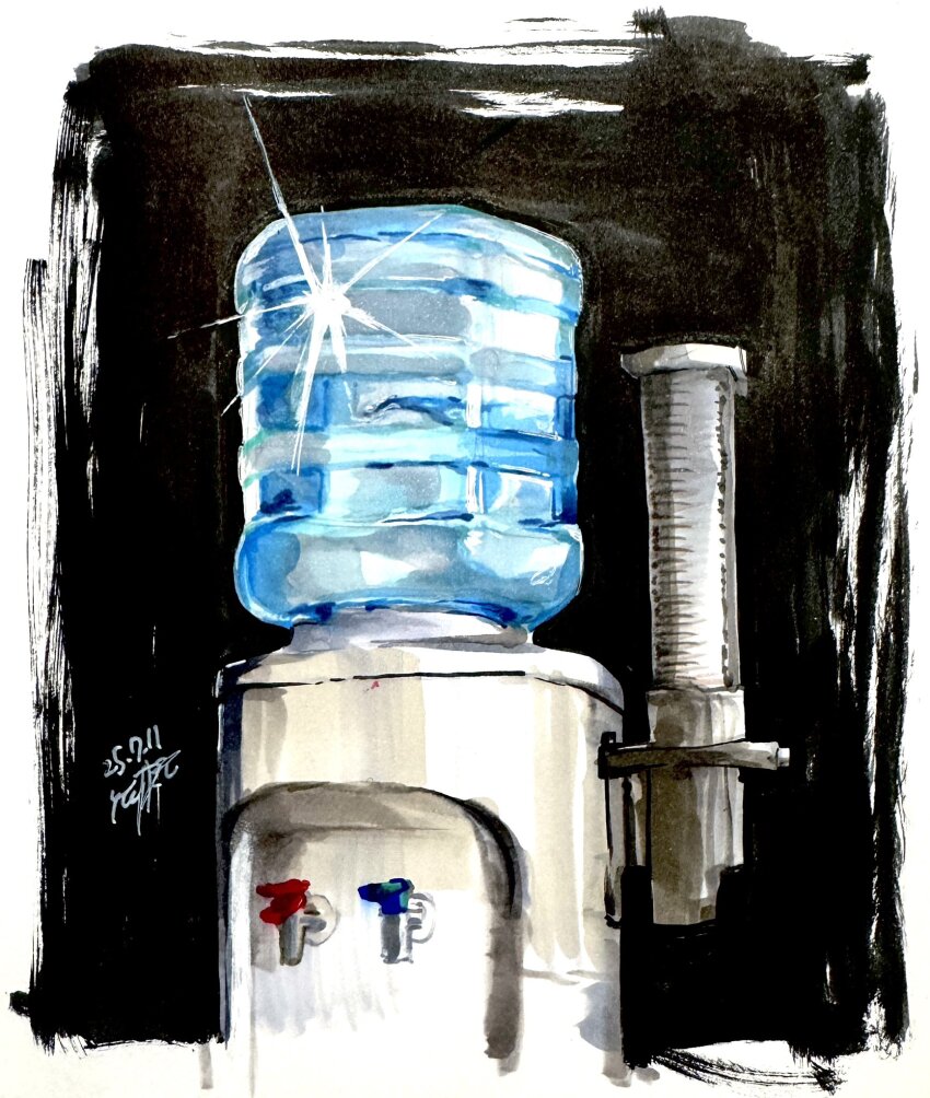 black_background border commentary cup dated deltarune disposable_cup faucet hashtag-only_commentary highres lecoxignal no_humans object_focus outside_border signature sparkle water water_cooler white_border