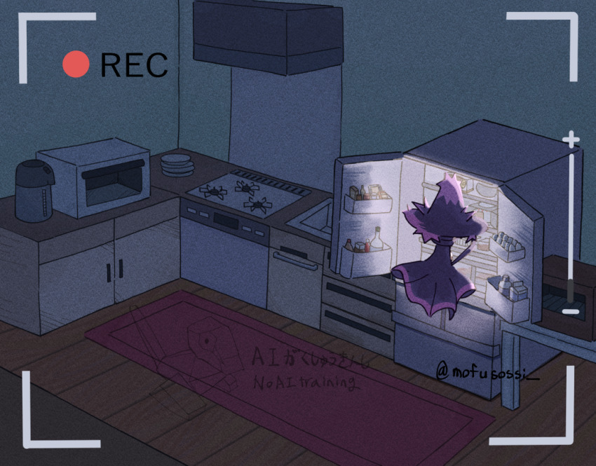 bottle carton commentary_request dark dishes egg floating from_behind full_body gen_1_pokemon gen_4_pokemon indoors kitchen microwave mismagius mosseso_sefu nintendo no_humans oven pokemon pokemon_(creature) porygon recording refrigerator refrigerator_interior sink solo stove twitter_username watermark