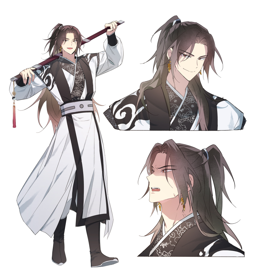 1boy absurdres adam&#039;s_apple angry black_boots boots brown_eyes brown_hair chinese_clothes closed_mouth earrings full_body furrowed_brow gold_earrings grey_sash half_updo hanfu high_ponytail highres holding holding_sword holding_weapon jewelry jinhongi korean_commentary long_hair long_sleeves looking_at_viewer male_focus multiple_views official_art oh_wolrang open_mouth pants partially_shaded_face ponytail reference_sheet sheath sheathed simple_background smile song_ok standing sword sword_tassel tassel teeth upper_body upper_teeth_only weapon white_background white_hanfu white_pants yin_yang zhijupao