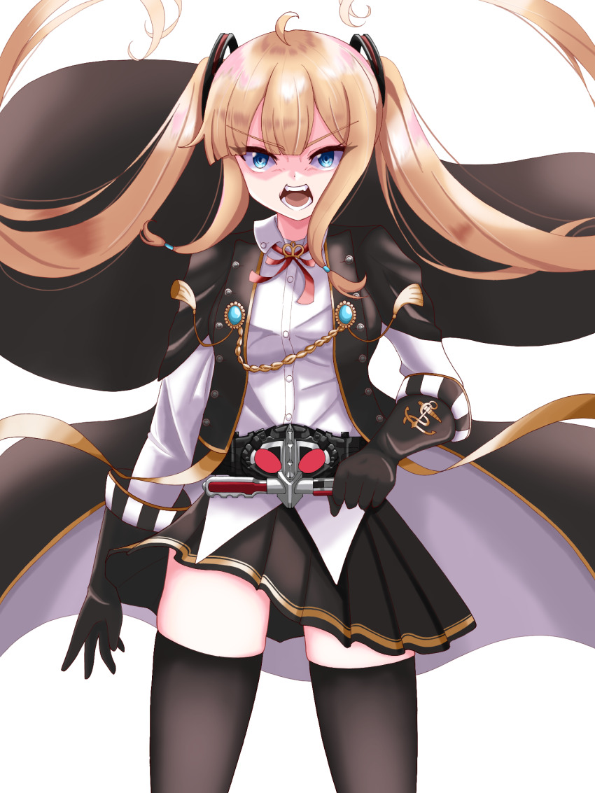 1girl :o ahoge amazon_(azur_lane) azur_lane black_cape black_coat black_gloves black_thighhighs blue_eyes bow bowtie cape coat collared_shirt commentary_request rider_belt elbow_gloves gloves hair_between_eyes henshin highres holding kamen_rider kamen_rider_amazon_(series) kamen_rider_amazons kokonoe910 light_brown_hair long_hair long_sleeves looking_at_viewer name_connection pleated_skirt shirt sidelocks simple_background skirt solo thighhighs twintails v-shaped_eyebrows white_background wind zettai_ryouiki
