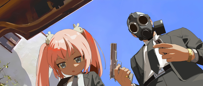 1boy 1girl belt black_belt black_jacket black_necktie black_pants black_suit blue_eyes blue_sky car_trunk collared_shirt commentary covered_face english_commentary facing_down facing_viewer formal_clothes from_below gas_mask gun hair_ornament handgun highres holding holding_gun holding_weapon jacket kok_kok_kio long_sleeves looking_down m1911 mask necktie open_clothes open_jacket open_mouth original outdoors pants photo-referenced pink_hair pinky_ring pulp_fiction rabbit_hair_ornament shirt sky suit twintails watch weapon white_shirt wristwatch