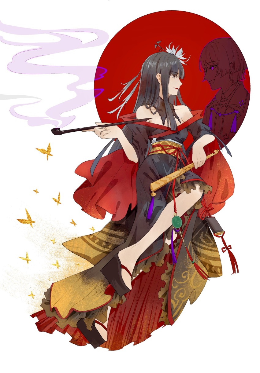 1boy 1girl absurdres asahi_sas_brutus bat_hair_ornament black_collar black_hair black_kimono brother_and_sister collar final_fantasy final_fantasy_xiv flower full_body grey_eyes hair_flower hair_ornament hair_stick hand_fan highres holding holding_fan holding_smoking_pipe hyur inrou japanese_clothes kimono kiseru lace-trimmed_collar lace_trim leg_up long_hair obi obiage obijime off_shoulder okobo open_mouth platform_sandals profile red_lips red_trim sandals sash siblings simple_butterfly smile smoke smoking_pipe sokukoto solo_focus tassel two-sided_fabric white_background yotsuyu_goe_brutus