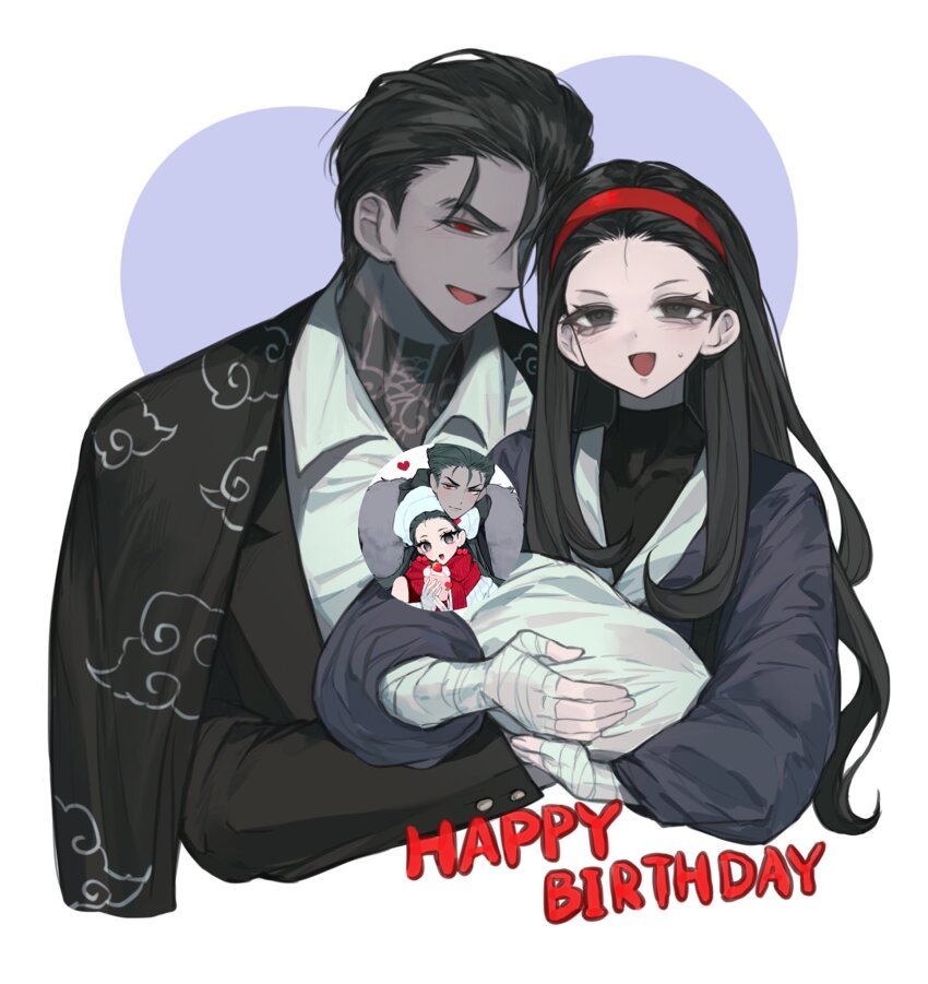 1boy 1girl 1other :d aegyo_sal aeng-du_(project_moon) anzekeye baby bandaged_arm bandages black_eyes black_hair black_jacket carrying_baby carrying_person clothing_request collared_shirt couple cropped_torso dark-skinned_male dark_skin hair_slicked_back hairband happy_birthday hetero highres irezumi jacket jun_(project_moon) korean_clothes lapels limbus_company long_hair neck_tattoo open_mouth profile_picture_inset project_moon red_eyes red_hairband shirt smile suit_jacket swaddled sweat tattoo turtleneck upper_body white_shirt