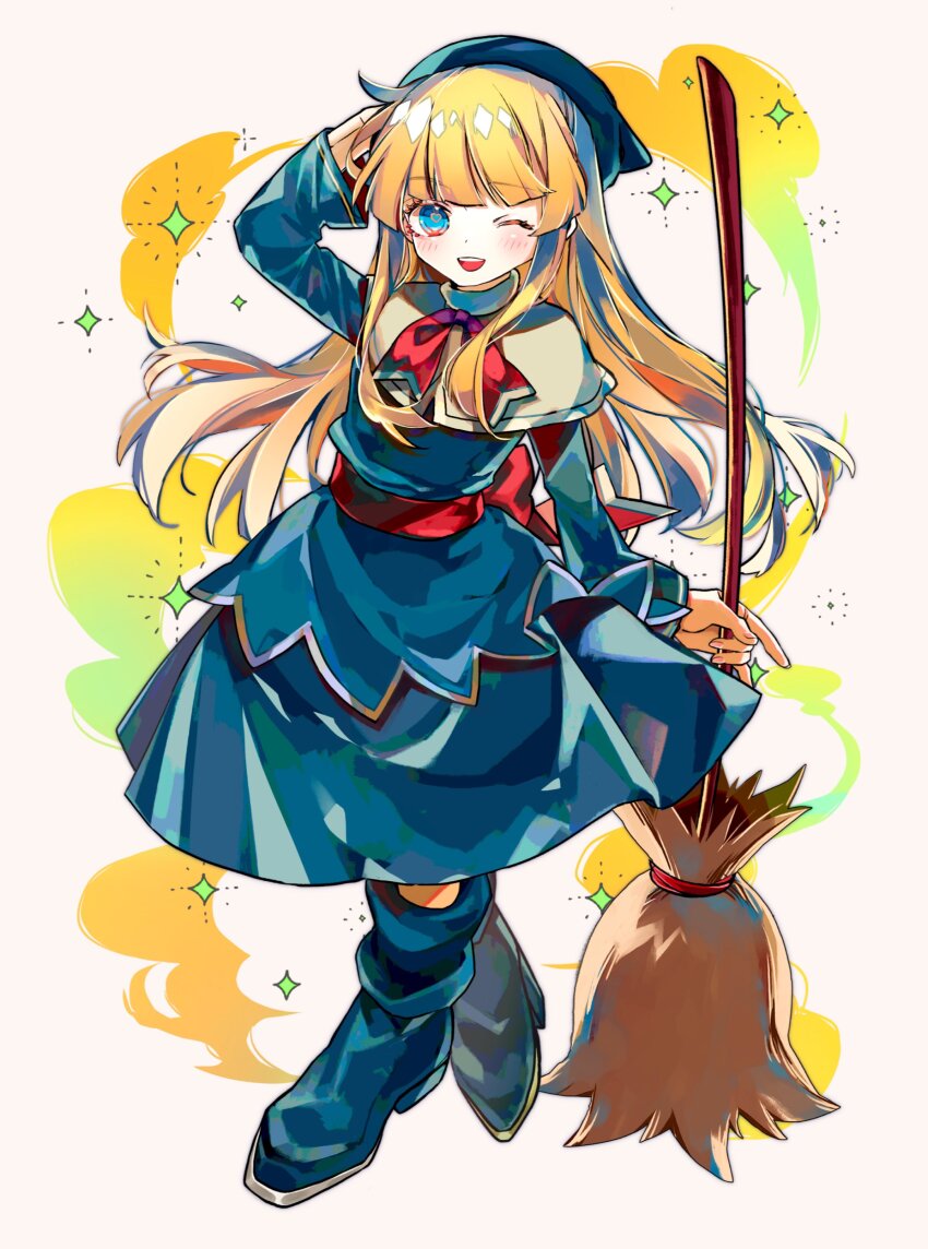 1girl :d absurdres blonde_hair blue_boots blue_dress blue_eyes blue_hat blunt_bangs boots broom capelet dress full_body hat highres long_hair long_sleeves madou_monogatari merumerumerume neck_ribbon one_eye_closed open_mouth puyopuyo red_ribbon red_sash ribbon sash smile solo standing very_long_hair white_capelet witch_(puyopuyo) wizard_hat