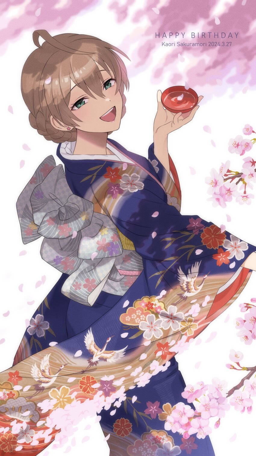 1girl absurdres ahoge alcohol alternate_costume animal_print bird birthday blue_kimono braid braided_bun brown_hair character_name cherry_blossoms commentary_request cup dated dot_nose drink ear_piercing english_text eyelashes falling_petals feet_out_of_frame floral_print floral_print_kimono french_braid from_side fukakuteisei furisode furisode_sleeves green_eyes hair_between_eyes hair_bun hands_up happy_birthday heron highres holding holding_cup idolmaster idolmaster_million_live! japanese_clothes kimono long_bangs looking_at_viewer looking_to_the_side medium_hair multicolored_kimono obi obiage open_mouth outdoors petals piercing pink_petals print_kimono sakazuki sake sakuramori_kaori sash sidelocks smile spring_(season) standing star_piercing teeth tongue tree upper_teeth_only