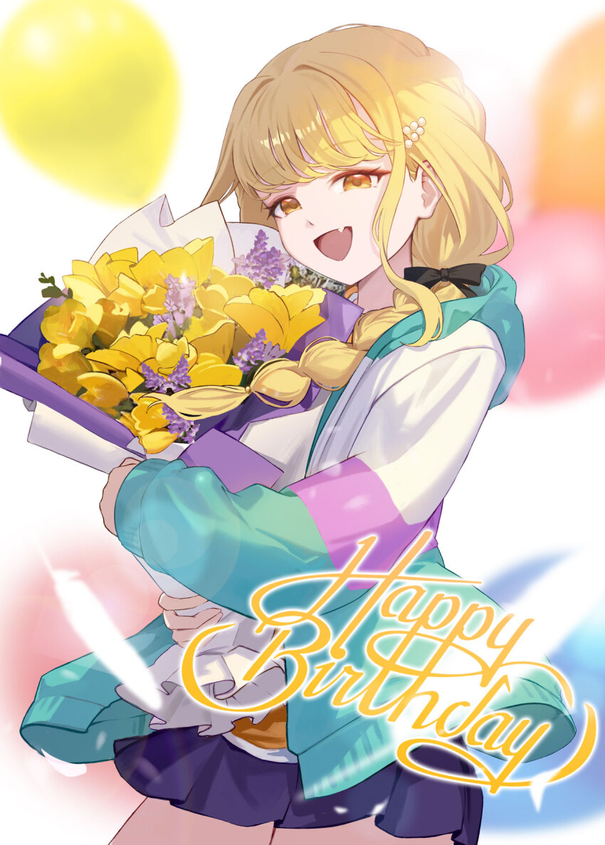 1girl black_bow blonde_hair blue_skirt blurry blurry_background bouquet bow braid commentary_request daika!! falling_feathers fang feathers flower fujita_kotone gakuen_idolmaster hair_bow happy_birthday highres hood hooded_jacket hugging_object idolmaster jacket long_hair looking_at_viewer multicolored_jacket skirt smile solo speech_bubble yellow_eyes