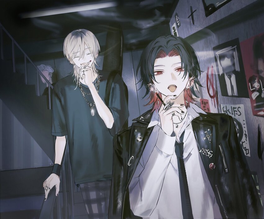 2boys anarchy_symbol black_hair black_jacket black_nails black_necktie black_shirt blonde_hair bracelet bright_pupils checkered_clothes checkered_pants cigarette closed_eyes collared_shirt cowboy_shot cross cross_earrings cross_necklace ear_piercing earrings fangs grey_pants hair_between_eyes highres holding holding_cigarette indoors jacket jacket_on_shoulders jewelry male_focus medium_hair multicolored_hair multiple_boys multiple_rings necklace necktie number-only_commentary open_mouth original pants piercing poster_(object) railing red_hair ring shirt smoke st31010 stairs standing stud_earrings teeth tongue tongue_out two-tone_hair upper_body upper_teeth_only white_pupils white_shirt zipper