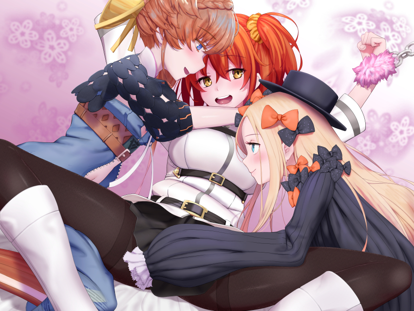 3girls abigail_williams_(fate) absurdres belt black_bow black_dress black_hat black_skirt blonde_hair blue_eyes blue_overalls blush boots bow braid breasts brown_pantyhose center_opening chain chaldea_uniform closed_mouth collared_shirt crown_braid dress fate/grand_order fate_(series) forehead fujimaru_ritsuka_(female) hair_bow hair_ornament hair_scrunchie hat highres knee_boots long_hair long_sleeves medium_breasts multiple_girls navel one_side_up open_mouth orange_bow orange_eyes orange_hair orange_scrunchie overall_shorts overalls pantyhose parted_bangs puffy_sleeves restrained ribbed_dress scrunchie shirt shokushi_yuu short_hair side_braid skirt sleeves_past_fingers sleeves_past_wrists small_breasts smile spread_legs straw_hat thighband_pantyhose thighs van_gogh_(fate) van_gogh_(first_ascension)_(fate) white_boots white_shirt yellow_hat yuri