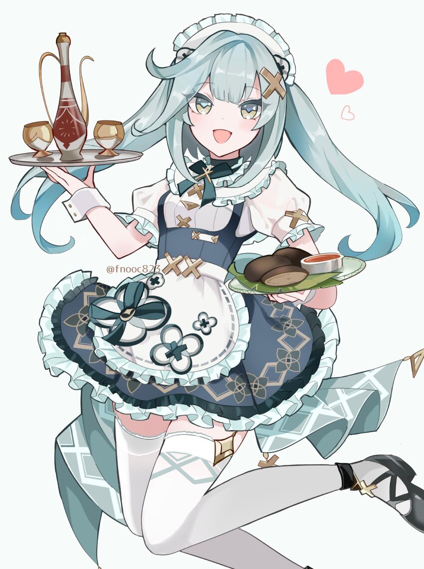 1girl apron aqua_hair black_footwear breasts chaena_(exmd3552) commentary_request cup dress faruzan_(genshin_cafe_in_seoul)_(genshin_impact) faruzan_(genshin_impact) foot_out_of_frame foot_up frilled_apron frilled_dress frills genshin_impact green_eyes hair_ornament hands_up heart highres holding holding_tray long_hair looking_at_viewer maid maid_headdress official_alternate_costume open_mouth puffy-trimmed_shirt simple_background small_breasts solo symbol-shaped_pupils thighhighs tray triangle-shaped_pupils twintails waist_apron white_apron white_background white_sleeve_cuffs white_thighhighs x_hair_ornament zettai_ryouiki