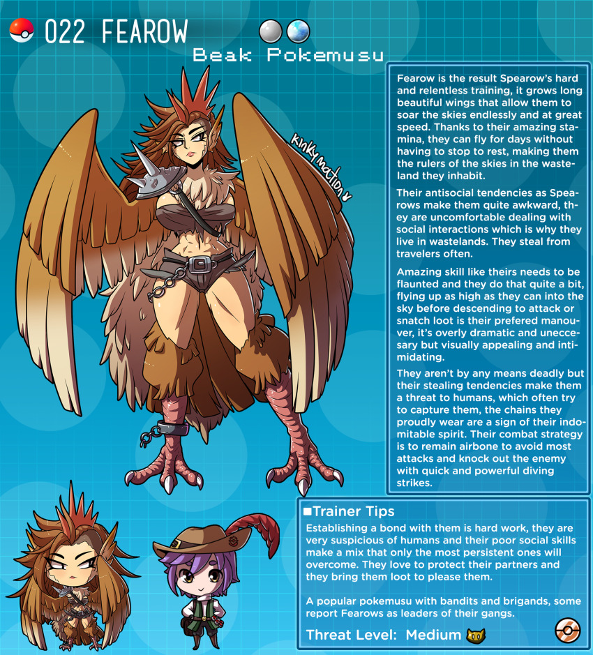 1boy 1girl armor artist_name bird_legs black_eyes breasts broken broken_chain brown_feathers brown_hair chain character_profile english_text fearow feathers furry gen_1_pokemon harpy highres kinkymation large_breasts long_hair monster_girl nintendo pauldrons personification pokemon purple_hair short_shorts shorts shoulder_armor single_pauldron spiked_armor talons undercut winged_arms wings