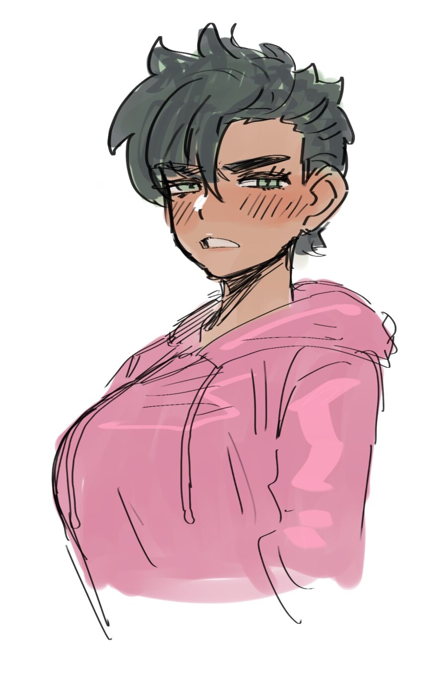 1girl black_hair blush dancho_no_mori dark-skinned_female dark_skin frown genderswap genderswap_(mtf) green_eyes hood hoodie lips little_mac nintendo punch-out!! short_hair sketch solo upper_body
