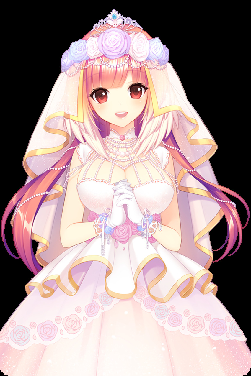 1girl breasts cleavage dress flower gloves happy highres jewelry large_breasts long_hair looking_at_viewer necklace official_art open_mouth own_hands_together pearl_necklace pink_dress pink_flower pink_hair pink_rose red_eyes rose selena_(soccer_spirits) shirahane_nao smile soccer_spirits transparent_background veil wedding_dress white_flower white_gloves white_rose