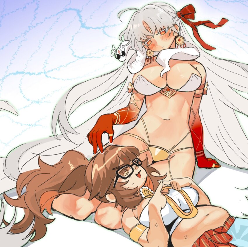 2girls armlet bandeau bare_shoulders bikini blue_pants blush body_markings bracelet breasts brown_eyes brown_hair cleavage colored_skin durga_(fate) durga_(first_ascension)_(fate) earrings facial_mark fate/grand_order fate_(series) forehead_mark ganesha_(fate) glasses gold_bikini gradient_skin grey_hair hair_ribbon highres indian_clothes jewelry jinako_carigiri lap_pillow large_breasts long_hair lying mismatched_bikini multiple_girls navel neck_ring on_back open_mouth orange_eyes pants plump red_skin ribbon sash smile snake swimsuit takustorage thighs thumb_ring very_long_hair white_bikini