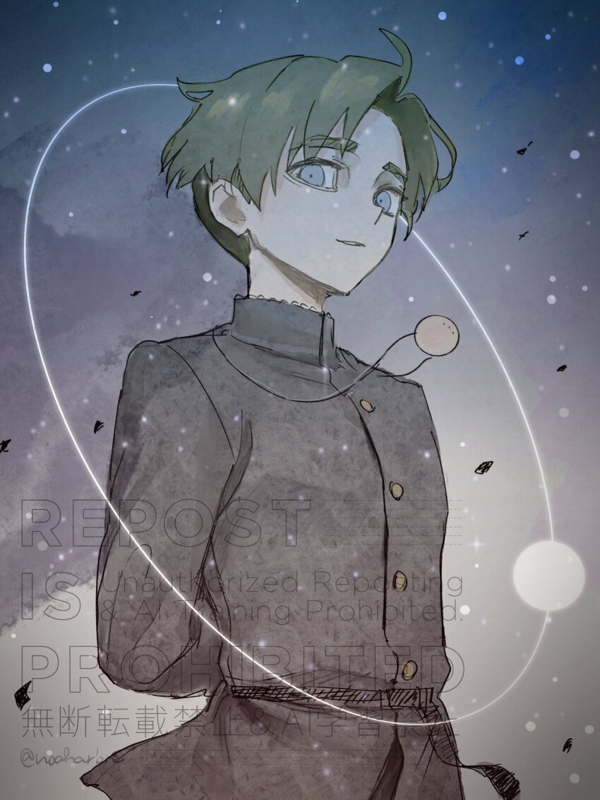 1boy arm_behind_back blonde_hair blue_eyes buttons chi.:_chikyuu_no_undou_ni_tsuite child highres jewelry light_smile looking_at_viewer necklace night night_sky noah_(tettsui-sole) orb orbital_path parted_bangs rafal_(chi.) sky star_(sky) watercolor_effect