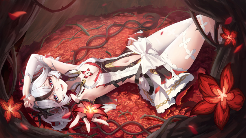 1girl absurdres arm_up asymmetrical_clothes black_eyes black_flower black_ribbon blake_bloom_(wuthering_waves) breasts bud camellya_(wuthering_waves) chirang clothing_cutout collar commentary dress falling_petals flower hair_flower hair_ornament hair_ribbon hair_vines highres looking_at_viewer lying medium_breasts navel on_back open_mouth pants petals plant red_flower red_pupils red_ribbon ribbon short_hair sideless_dress single_pantsleg smile solo stomach_cutout tacet_mark_(wuthering_waves) thorns vines white_collar white_dress white_hair white_pants wuthering_waves